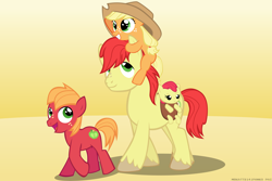 Size: 4500x3000 | Tagged: safe, artist:mrkat7214, imported from derpibooru, part of a set, apple bloom, applejack, big macintosh, bright mac, earth pony, pony, adorabloom, apple siblings, apple sisters, baby, baby apple bloom, brother and sister, colt big macintosh, cowboy hat, cute, father and child, father and daughter, father and son, father's day, female, filly, filly applejack, group, hat, high res, jackabetes, macabetes, male, quartet, siblings, sisters, sitting on head, younger