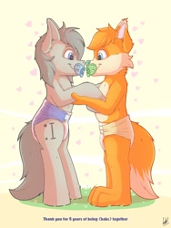 Size: 960x1280 | Tagged: safe, artist:dozyslumbers, imported from derpibooru, oc, oc only, oc:dozy slumbers, earth pony, fox, pony, adult foal, diaper, diaper fetish, fetish, furry, gay, male, non-baby in diaper, non-mlp oc, pacifier, stallion