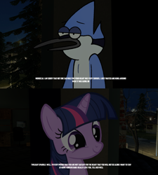 Size: 2559x2846 | Tagged: safe, artist:faze-alan-mskull2019, imported from derpibooru, twilight sparkle, pony, unicorn, crack shipping, crossover, crossover shipping, dream, engrish, female, high res, male, meme, mordecai, mordetwi, night, regular show, shipping, straight, unicorn twilight