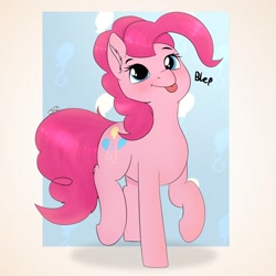 Size: 680x680 | Tagged: safe, artist:almond evergrow, imported from derpibooru, pinkie pie, earth pony, pony, :p, blushing, digital art, fanart, female, mare, tongue out