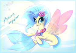 Size: 1404x985 | Tagged: safe, artist:bloody-pink, imported from derpibooru, princess skystar, seapony (g4), my little pony: the movie, blue eyes, cute, eyelashes, female, fin wings, fins, fish tail, flower, flower in hair, freckles, jewelry, logo, looking at you, necklace, open mouth, pearl necklace, skyabetes, smiling, solo, wings