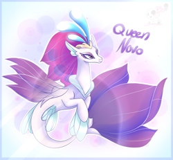 Size: 1169x1080 | Tagged: safe, artist:bloody-pink, imported from derpibooru, queen novo, seapony (g4), my little pony: the movie, beautiful, colored pupils, crown, cute, female, fin wings, fins, fish tail, jewelry, lidded eyes, logo, novobetes, purple eyes, queen, regalia, smiling, solo, wings