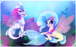 Size: 1920x1200 | Tagged: safe, artist:bloody-pink, imported from derpibooru, princess skystar, queen novo, dolphin, seapony (g4), my little pony: the movie, blue eyes, bubble, colored pupils, coral, crepuscular rays, crown, cute, female, fin wings, fins, flower, flower in hair, flowing mane, freckles, jewelry, mother and child, mother and daughter, necklace, novobetes, open mouth, pearl necklace, queen, regalia, skyabetes, smiling, sunlight, underwater, water, wings