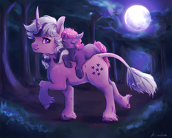 Size: 5000x4000 | Tagged: safe, artist:buttersprinkle, imported from derpibooru, ember (g1), twilight, classical unicorn, earth pony, pony, unicorn, absurd resolution, carrying, cloven hooves, commission, curved horn, duo, duo female, female, filly, forest, full moon, g1, horn, leonine tail, looking at someone, looking back, mare, moon, mother and child, mother and daughter, motherly, night, outdoors, ponies riding ponies, raised hoof, raised leg, riding, sleeping, twilight (g1), unshorn fetlocks