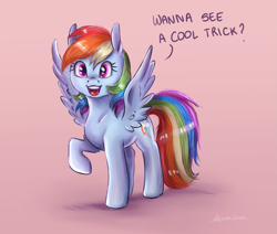 Size: 2247x1902 | Tagged: safe, artist:buttersprinkle, imported from derpibooru, rainbow dash, pegasus, pony, cute, dashabetes, dialogue, female, looking at you, mare, open mouth, question mark, raised hoof, signature, simple background, solo, spread wings, wings