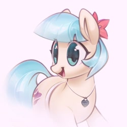 Size: 2621x2621 | Tagged: safe, artist:mirroredsea, imported from derpibooru, coco pommel, earth pony, pony, cocobetes, colored pupils, cute, female, heart necklace, high res, jewelry, locket, mare, necklace, open mouth, simple background, smiling, solo, white background