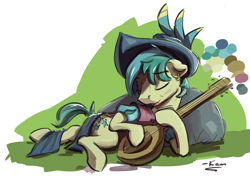 Size: 2322x1645 | Tagged: safe, artist:kam, imported from derpibooru, sandbar, earth pony, pony, bard, clothes, fantasy class, hat, male, sleeping, stallion