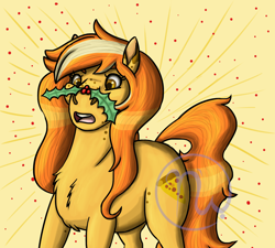 Size: 1778x1600 | Tagged: safe, artist:azurllinate, imported from derpibooru, oc, oc only, oc:cheesy bite, earth pony, pony, brown eyes, chest fluff, cute, earth pony oc, female, freckles, gift art, holly, long mane, long tail, multicolored mane, multicolored tail, open mouth, pizza cutie mark, simple background, solo, surprised