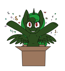 Size: 2300x2500 | Tagged: safe, artist:katyusha, imported from derpibooru, oc, oc only, oc:evening "eve" canter, alicorn, pony, alicorn oc, artificial alicorn, box, commission example, confetti, cute, female, green alicorn (fo:e), horn, pony in a box, simple background, solo, surprised, white background, wings