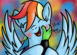 Size: 1263x893 | Tagged: safe, artist:eels, imported from derpibooru, rainbow dash, oc, oc:anon, human, pegasus, pony, blushing, cheek pinch, cute, dashabetes, eyes closed, implied anon, implied human, laughing, smiling