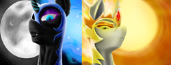 Size: 10000x3800 | Tagged: safe, artist:flaxen's art corner, imported from derpibooru, daybreaker, nightmare moon, day, female, moon, night, siblings, sisters, sun