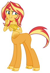 Size: 1024x1497 | Tagged: safe, artist:emeraldblast63, imported from derpibooru, sunset shimmer, centaur, equestria girls, bandeau, bare shoulders, bracelet, centaur sunset, centaurified, cloven hooves, female, jewelry, simple background, sleeveless, solo, species swap, strapless, transparent background