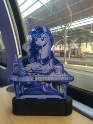 Size: 1024x1366 | Tagged: safe, artist:themisto97, imported from derpibooru, princess luna, alicorn, pony, acrylic plastic, book, candle, charity auction, craft, engraving, female, lasercut, lunafest, mare, reading, sitting, solo, train, train station