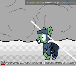 Size: 512x448 | Tagged: safe, artist:derek the metagamer, imported from derpibooru, oc, oc:derek the metagamer, earth pony, pony, aseprite, bust, counter strike, counter-strike, counter-strike: global offensive, dialogue, gun, male, pixel art, portrait, rifle, smoke, smokebomb, sniper, sniper rifle, video game, weapon