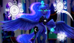 Size: 1800x1058 | Tagged: safe, artist:meqiopeach, imported from derpibooru, nightmare moon, princess luna, alicorn, pegasus, pony, unicorn, fall of the crystal empire, armor, bipedal, blushing, crystal empire, evil, female, fight, lunabetes, magic, moonbutt, nightmare luna, portal, raised hoof, shoes, simple background, solo, spread wings, weapon, wings