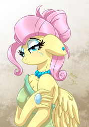 Size: 920x1300 | Tagged: safe, artist:joakaha, imported from derpibooru, fluttershy, anthro, pegasus, flutter brutter, alternate hairstyle, big breasts, breasts, bun, busty fluttershy, cleavage, clothes, digital art, ear piercing, earring, female, floppy ears, jewelry, lidded eyes, mare, piercing, solo