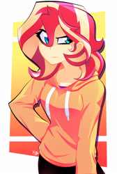 Size: 2190x3264 | Tagged: safe, artist:xan-gelx, imported from derpibooru, sunset shimmer, equestria girls, annoyed, clothes, digital art, female, hoodie, solo