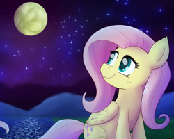 Size: 1200x960 | Tagged: safe, artist:empyu, imported from derpibooru, fluttershy, pegasus, pony, cute, digital art, female, folded wings, full moon, looking at something, looking away, looking back, looking up, mare, moon, night, outdoors, shyabetes, sitting, smiling, solo, stars, wings