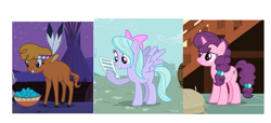 Size: 2043x933 | Tagged: safe, edit, imported from derpibooru, screencap, flitter, little strongheart, sugar belle, buffalo, pegasus, pony, unicorn, hurricane fluttershy, over a barrel, the break up breakdown, cloven hooves, cropped, female, gemstones, hoof hold, mare, turquoise, turquoise (gemstone)