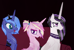 Size: 2288x1544 | Tagged: safe, artist:arcticwindsbases, artist:bittersweethare, imported from derpibooru, princess cadance, princess celestia, princess luna, alicorn, pony, alternate hairstyle, base used, black background, celestia is not amused, choker, couch, emolestia, eyeshadow, female, grin, makeup, mare, markings, open mouth, punklestia, royal sisters, scar, simple background, smiling, unamused