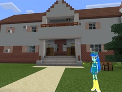 Size: 2048x1536 | Tagged: safe, artist:topsangtheman, imported from derpibooru, blueberry cake, equestria girls, female, house, looking at you, minecraft, photoshopped into minecraft, solo, traditional art