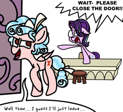 Size: 976x892 | Tagged: safe, artist:rainbowbacon, imported from derpibooru, cozy glow, starlight glimmer, pegasus, pony, unicorn, desk, dialogue, door, evil, newbie artist training grounds, pure concentrated unfiltered evil of the utmost potency, pure unfiltered evil, skewed priorities, speech bubble, starlight's office, this will end in detention, this will end in gulag