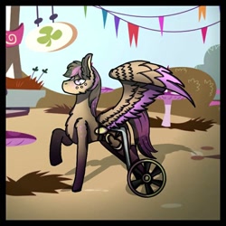 Size: 768x768 | Tagged: safe, alternate version, artist:shadow heart, imported from derpibooru, stellar eclipse, pegasus, pony, chest fluff, ear fluff, freckles, male, outdoors, raised hoof, solo, stallion, wheelchair