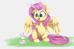 Size: 1500x1000 | Tagged: safe, artist:sketchiix3, imported from derpibooru, angel bunny, fluttershy, pegasus, pony, rabbit, angel bunny is not amused, angel is not amused, angelbetes, animal, bunny ears, cute, duo, female, imitation, looking at each other, looking at someone, mare, mimicking, open mouth, shyabetes, simple background, sitting, smiling, spread wings, white background, wings