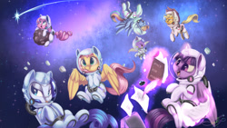 Size: 1920x1080 | Tagged: safe, artist:sketchiix3, imported from derpibooru, applejack, fluttershy, pinkie pie, rainbow dash, rarity, spike, twilight sparkle, alicorn, dragon, earth pony, pegasus, pony, unicorn, asteroid, astronaut, astronaut pinkie, book, eyes closed, facial hair, female, frog (hoof), galaxy, ink, inkwell, male, mane seven, mane six, mare, moustache, open mouth, paper, ponies in space, quill, shooting star, space, space helmet, spacesuit, stars, twilight sparkle (alicorn), underhoof, winged spike, wings, zero gravity