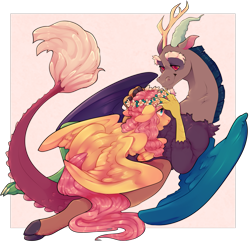 Size: 2693x2620 | Tagged: safe, artist:stariitea, imported from derpibooru, discord, fluttershy, draconequus, pegasus, pony, chest fluff, cloven hooves, cuddling, cute, discoshy, discute, female, floppy ears, floral head wreath, flower, high res, lying on top of someone, male, mare, open mouth, semi-transparent, semi-transparent background, shipping, shyabetes, simple background, smiling, spread wings, straight, transparent background, underhoof, wings