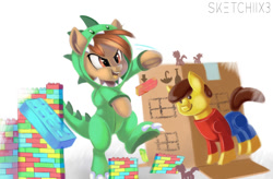 Size: 780x512 | Tagged: safe, artist:sketchiix3, imported from derpibooru, button mash, dinosaur, earth pony, pony, bipedal, building, buttonbetes, cardboard box, clothes, colt, costume, cute, footed sleeper, kigurumi, lego, male, ponified, simple background, solo, white background