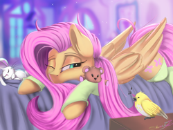 Size: 1600x1200 | Tagged: safe, artist:sketchiix3, imported from derpibooru, angel bunny, fluttershy, bird, pegasus, pony, angelbetes, bed, bed mane, bedside stand, clothes, cute, detached sleeves, duo, ear fluff, female, folded wings, indoors, lidded eyes, looking at someone, mare, morning ponies, music notes, on bed, one eye closed, prone, shyabetes, sleepy, socks, teddy bear, three quarter view, wings