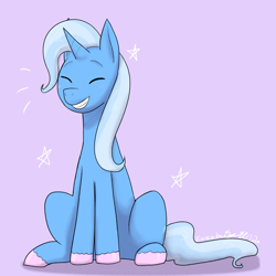 Size: 4000x4000 | Tagged: safe, artist:eurazba, imported from derpibooru, trixie, pony, unicorn, absurd resolution, colored hooves, cute, diatrixes, eyes closed, female, grin, mare, purple background, simple background, sitting, smiling, solo, stars