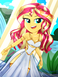 Size: 1800x2400 | Tagged: safe, artist:artmlpk, imported from derpibooru, sunset shimmer, equestria girls, adorable face, adorasexy, alternate hairstyle, armlet, bare chest, bare shoulders, beautiful, breasts, cleavage, clothes, crown, cute, design, dress, female, goddess, greek, greek clothes, greek goddess, jewelry, looking at you, ocean, open mouth, outfit, plant, regalia, sexy, shimmerbetes, sleeveless, smiley face, smiling, smiling at you, solo, sunflare, sunset shimmer is god, topless, water, waterfall, watermark