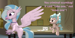 Size: 1920x978 | Tagged: safe, artist:red4567, imported from derpibooru, cozy glow, silverstream, pony, 3d, atg 2020, cookie, even evil has standards, food, gluttony, greedy, newbie artist training grounds, pure unfiltered evil, quotes, source filmmaker, this will end in colic, this will end in weight gain