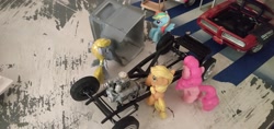 Size: 3264x1546 | Tagged: artist needed, source needed, safe, imported from derpibooru, applejack, derpy hooves, pinkie pie, rainbow dash, cart, chassis, engine, everfree customs, figurine, garage, i just don't know what went wrong, mechanic, oops, photo, pontiac gto, v8