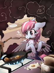 Size: 1401x1893 | Tagged: safe, artist:28gooddays, imported from derpibooru, oc, oc only, oc:evening skies, pegasus, pony, bread, burned food, burnt, commission, cooking, egg, food, fried egg, frying pan, lethal chef, mouth hold, smoke, solo, spatula, stove, toast, toaster, ych result