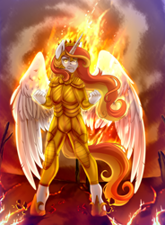 Size: 2940x3987 | Tagged: artist needed, safe, imported from derpibooru, oc, oc only, oc:king phoenix, alicorn, anthro, unguligrade anthro, alicorn oc, armor, fire, horn, male, male alicorn oc, solo, wings