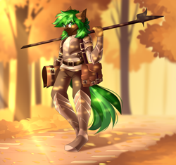 Size: 4000x3760 | Tagged: safe, artist:airiniblock, imported from derpibooru, oc, oc only, oc:jaeger sylva, anthro, earth pony, armor, autumn, glasses, halberd, male, rcf community, solo, weapon