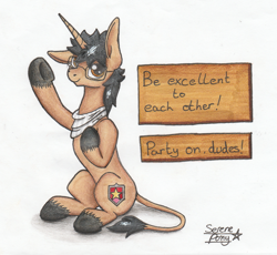 Size: 1617x1487 | Tagged: safe, artist:serenepony, imported from derpibooru, oc, oc:serene tone, donkey, hybrid, unicorn, bill & ted, bill & ted's excellent adventure, bill and ted, bill and ted's excellent adventure, donkeycorn, looking at you, male, sign, simple background, sitting, solo, stallion, traditional art, tube scarf