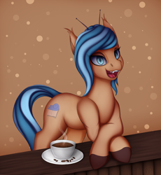 Size: 1332x1446 | Tagged: safe, artist:batsdisaster, imported from derpibooru, oc, oc only, earth pony, pony, vampire, vampony, antennae, coffee, cup, fangs, female, looking at you, mare, race swap, solo, table