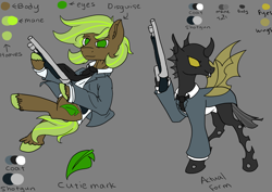 Size: 3508x2480 | Tagged: safe, artist:smol potat, imported from derpibooru, oc, oc only, oc:hoofston, changeling, earth pony, pony, fallout equestria, brown coat, changeling oc, cheeselegs, clothes, cutie mark, disguise, disguised changeling, gangster, green eyes, green mane, gun, male, mobster, reference sheet, shotgun, solo, spread wings, stallion, suit, two toned mane, weapon, wings, yellow changeling