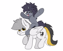 Size: 2928x2392 | Tagged: safe, artist:aaathebap, imported from derpibooru, oc, oc only, oc:kate, oc:kej, pegasus, pony, unicorn, cute, duo, female, k+k, male, oc x oc, riding, riding a pony, shipping, straight