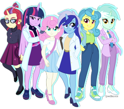 Size: 5951x5212 | Tagged: safe, artist:limedazzle, imported from derpibooru, lemon hearts, lyra heartstrings, minuette, moondancer, twilight sparkle, twinkleshine, human, equestria girls, absurd resolution, canterlot six, clothes, equestria girls-ified, group, high heels, horn, horned humanization, humanized, jacket, lab coat, necktie, pants, purse, shoes, show accurate, simple background, skirt, sweater, transparent background, wings