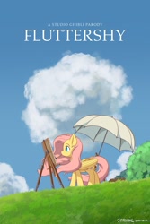 Size: 1280x1920 | Tagged: safe, artist:symbianl, imported from derpibooru, fluttershy, pegasus, pony, cloud, cottagecore, crossover, easel, female, folded wings, looking at something, mare, mouth hold, movie poster, outdoors, paintbrush, parody, poster parody, profile, solo, standing, studio ghibli, the wind rises, umbrella, windswept mane, wings