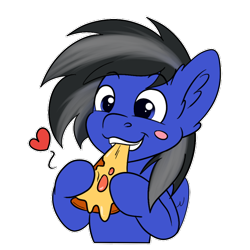 Size: 512x512 | Tagged: safe, artist:zobaloba, imported from derpibooru, oc, oc only, oc:driftor, pegasus, pony, black mane, blue, blue coat, blue eyes, commission, eating, food, gray mane, male, meat, pegasus oc, pepperoni, pepperoni pizza, pizza, solo, stallion, sticker, teeth, transparent background, two toned mane, wings, ych result