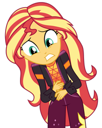 Size: 1207x1520 | Tagged: safe, artist:ponyalfonso, imported from derpibooru, sunset shimmer, equestria girls, equestria girls series, sunset's backstage pass!, spoiler:eqg series (season 2), clothes, cutie mark, cutie mark on clothes, female, jacket, pants, simple background, solo, teeth, transparent background, vector