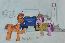 Size: 1083x720 | Tagged: safe, artist:rapidsnap, imported from derpibooru, vera, pony, crossover, dci vera stanhope, detective, land rover, lighthouse, parking ticket, traditional art