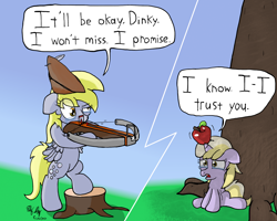 Size: 2000x1600 | Tagged: safe, artist:ebbysharp, imported from derpibooru, derpy hooves, dinky hooves, pegasus, pony, unicorn, apple, atg 2020, crossbow, duo, female, filly, food, mare, newbie artist training grounds, speech bubble, teary eyes, this will end in death, this will end in tears, this will end in tears and/or death, this will not end well, tree, tree stump, william tell