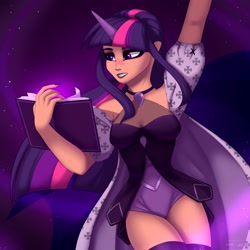 Size: 2000x2000 | Tagged: safe, artist:villjulie, imported from derpibooru, twilight sparkle, human, book, breasts, cleavage, female, horn, horned humanization, humanized, jewelry, lipstick, nail, necklace